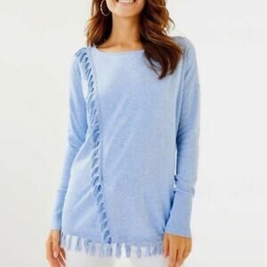 Lilly Pulitzer Emberly Blue Peri Fringe Crewneck Long Sleeve Sweater Size Small